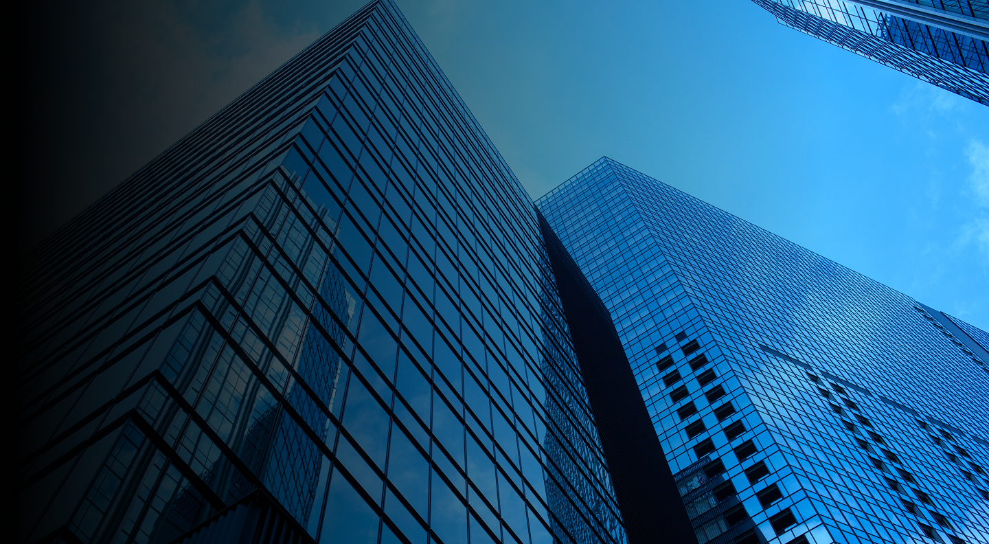 Looking up at modern skyscrapers