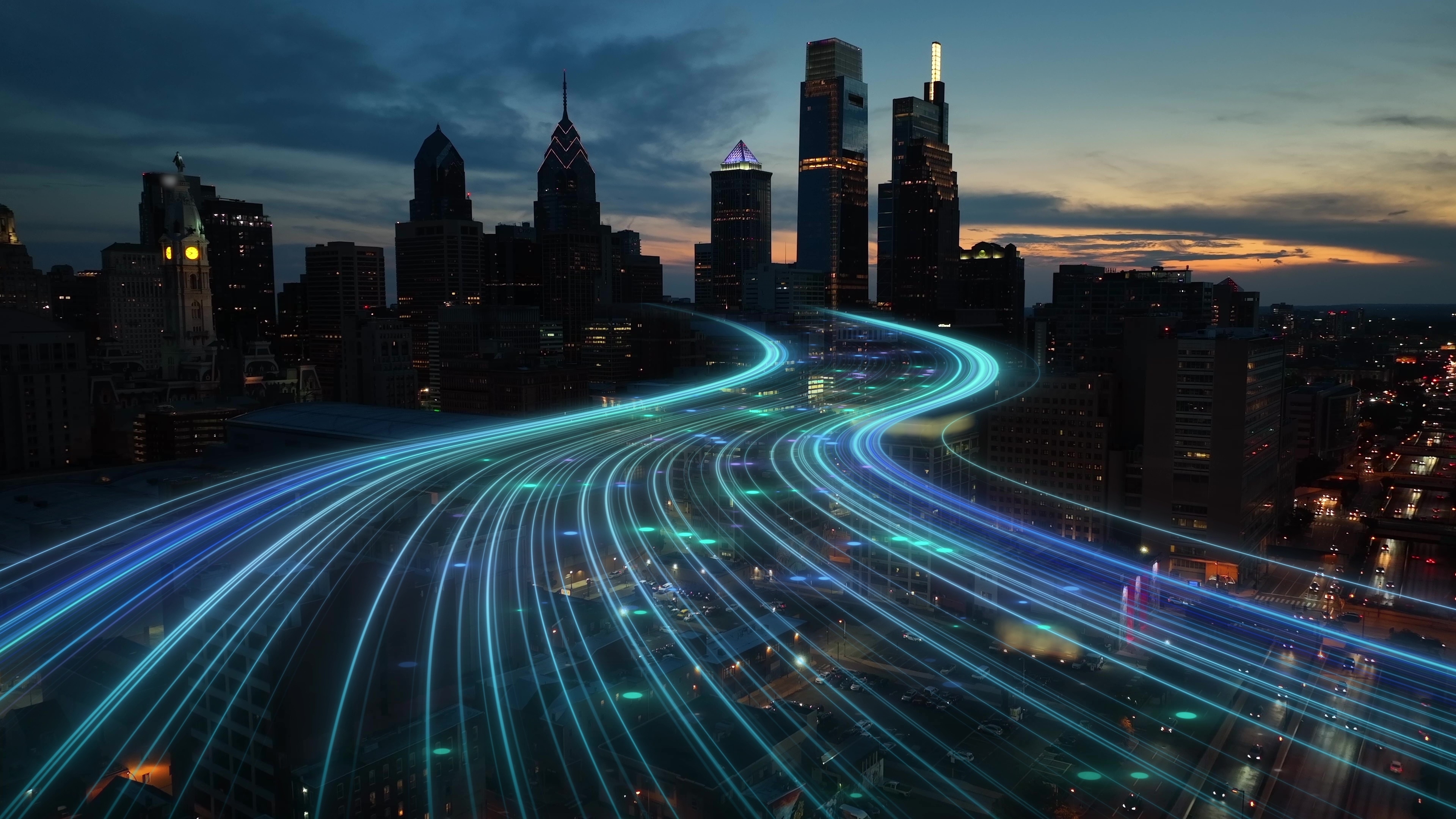 Cityscape with data streams for podcast